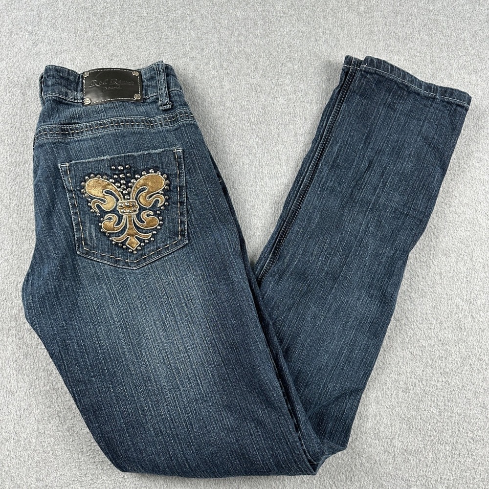 Red Rivet Jeans Womens 3 Skinny Dark Blue Studded Fleur De Lis Embellished Denim